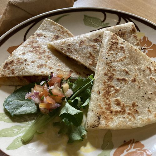 Vegan quesadilla on a house made tortilla   at Grateful Organic Diner in Marshall