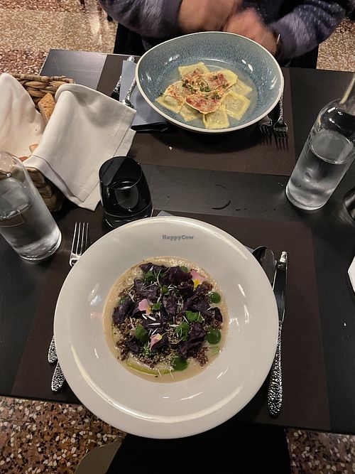 Crema di cannellini, semi di canapa, olio alla menta, quinoa, gel di bieta e polvere di cappero / Raviolo con la barbabietola, perle di tapioca e riduzione di agrumi  at Caffè Tomaso in Udine