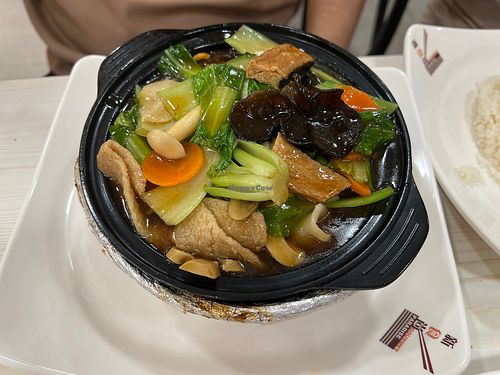 Clay pot noodles - huge portions of veggies and noodles! Love it  at e Veg - Marina Square - 益素食 in Central Singapore