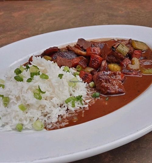 Vegan beef burgundy with homemade seiten and rice at Stella Bleu in Springfield