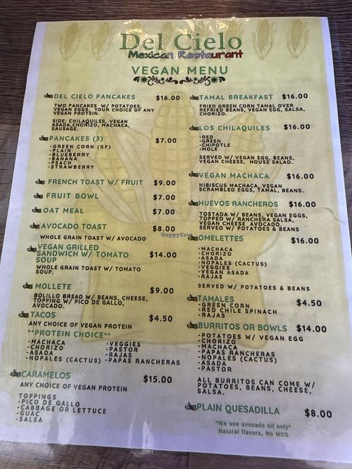 They have a non and vegan menu   at Del Cielo Tamales in Tucson