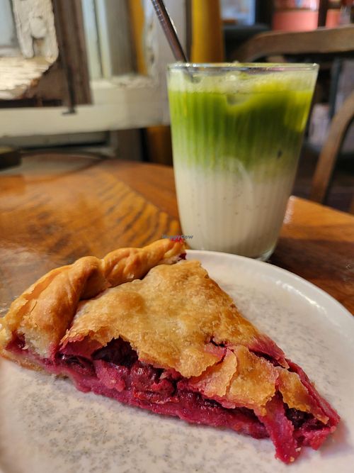 Cherry tart and iced matcha at Coffee Place in Tbilisi
