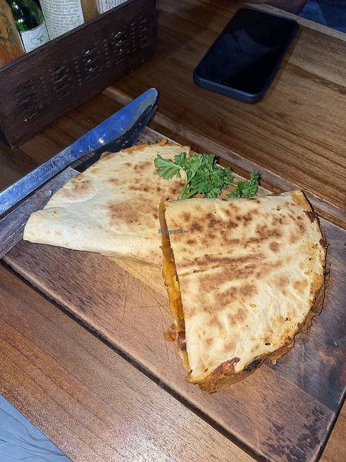 Veggie quesadilla with vegan cheese  at La Taqueria in Bocas Del Toro
