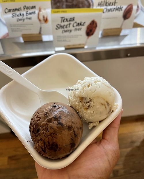 Texas Sheet Cake and Caramel Pecan Sticky Buns vegan scoops  at Jeni's Ice Creams in St Louis