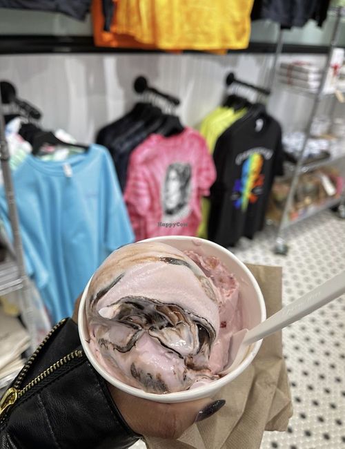 Vegan Rose Cream and Strawberry Crunch scoops  at Clementine's Naughty & Nice Creamery in St Louis