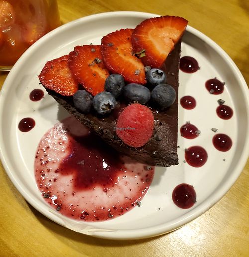 Chocolate cake at Changos Veganos in Mexico City