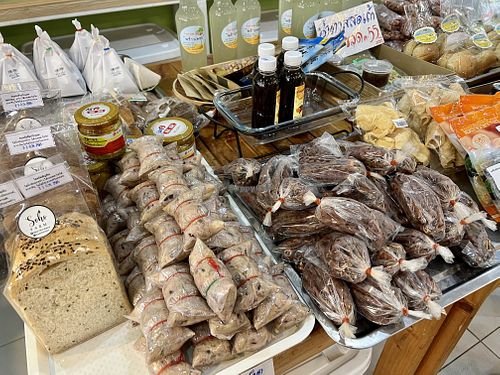 Variety of snacks  at Boonniyom Santi Asoke Market ตลาดบุญนิยมสันติอโศก in Bangkok