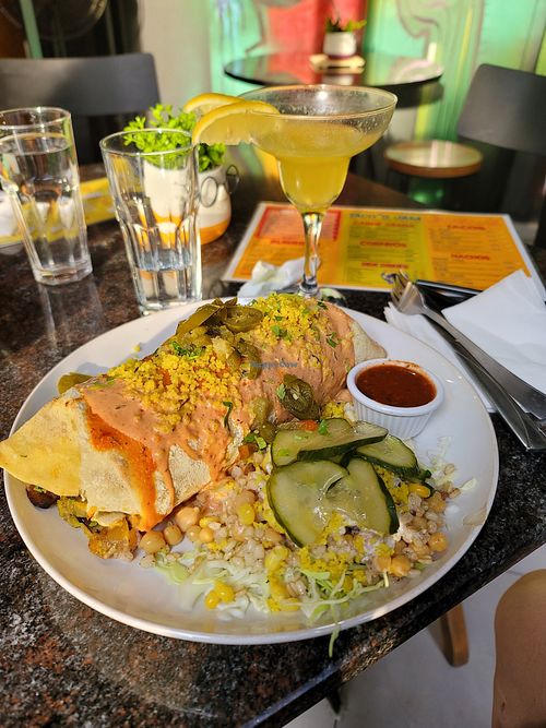 Vegan burrito with mango margarita yummm at Taco's Jam in Skopje