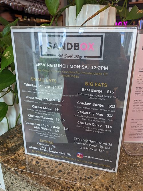 Menu at Sandbox in Providenciales