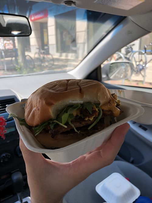 Breakfast sandwich with seared tofu at Veggie Galaxy in Cambridge