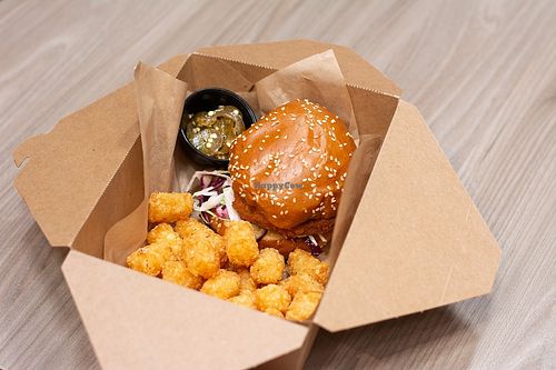 Fried sunflower cutlet sandwich with tots.  at Mohawk Bend in Los Angeles