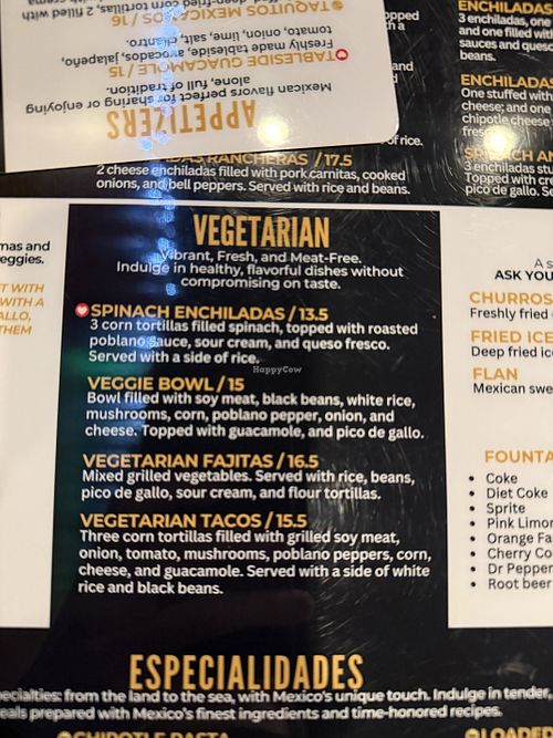 Vegetarian menu  at Plaza Azteca in Blandon