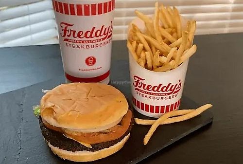 Black bean veggie burger (no cheese, no sauce) & shoestring fries.  at Freddy's Frozen Custard & Steakburgers in Junction City