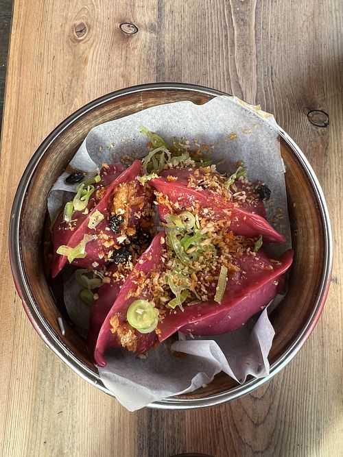 Red beet dumplings. I don’t especially enjoy beets but thought these were tasty!  at Dragon Dim Sum in Reykjavik