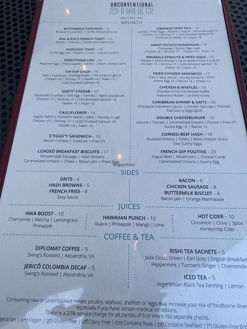 Brunch (Sunday) Menu w/Limited Vegan Options  at Unconventional Diner in Washington