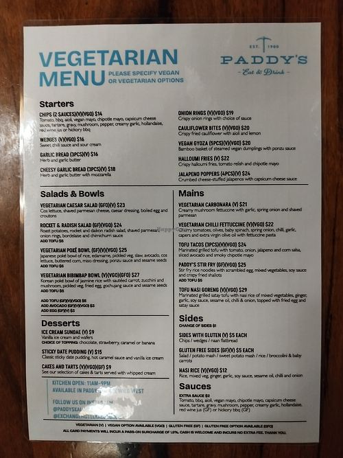 Big veg menu, lots of vegan options at Paddys Eat & Drink in Kalgoorlie
