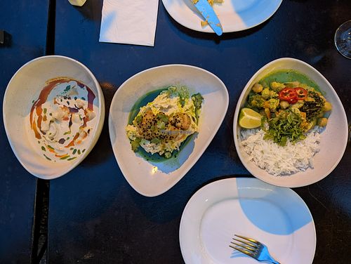 Georgian dumplings, fava puree, green curry at Cuma in Istanbul