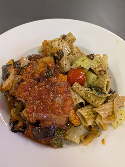 Half and half (I couldn't decide) ratatouille and coriander pesto pasta at Food Works Sharrow in Sheffield