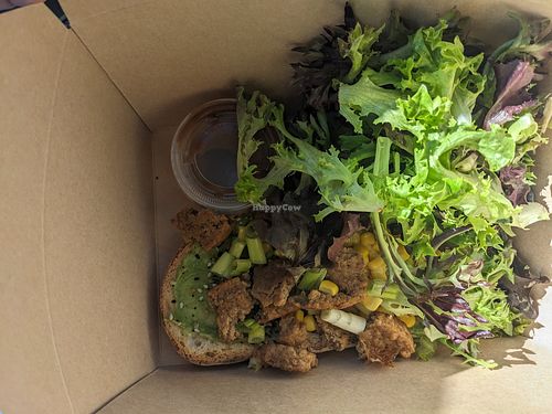 Avocado toast with vegan egg and sausage. at Twisted Grounds in Madison