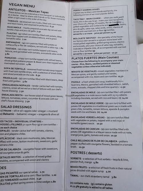 vegan menu at Mestizo in North West London