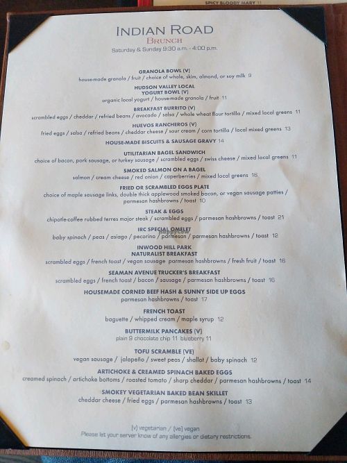 Brunch menu at The Inwood Farm in New York City
