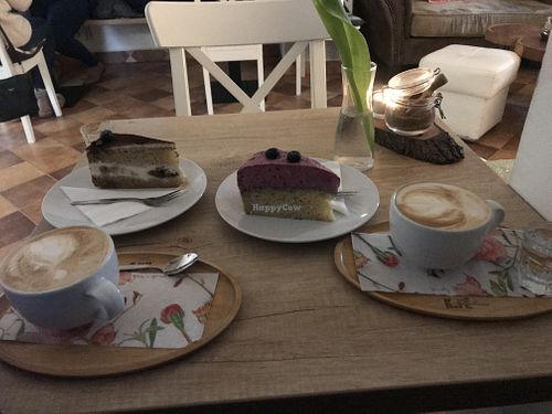 Vegan tiramisu, blueberry cake. Almond and soya capuccino  at K.fe Livre in Frydlant Nad Ostravici