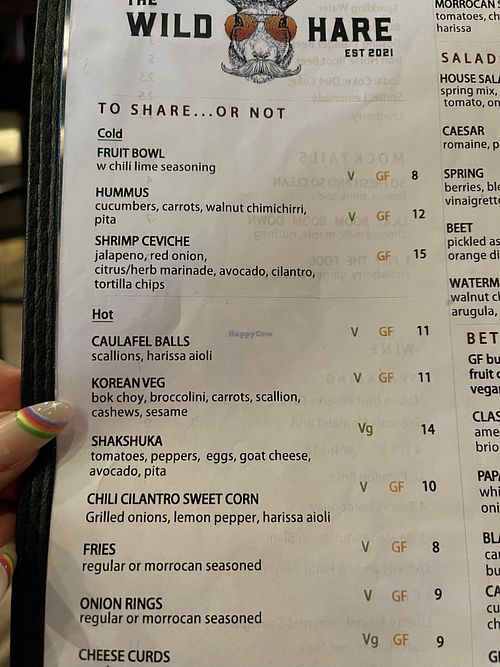 Online menu is outdated. This is the current menu as of July 2022. V = vegan  at The Wild Hare in Stillwater