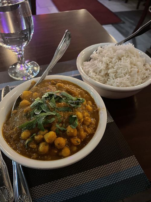 Vegan Chana masala and ricee  at Manhattan Indian Flavor in New York City