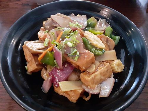 Tofu and vegetables with pan fried noodles at Nudo Noodle House in Newcastle Upon Tyne