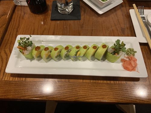 Vegan hulk roll- avocado, asparagus, mango, carrots, sprouts, green soy paper + sriracha sauce  at Drunken Fish - Westport Plaza in Maryland Heights