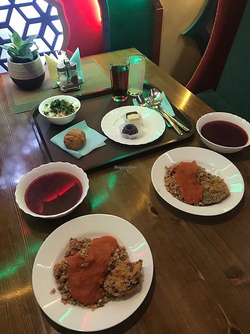 Borsch, buckwheat with tomato chutney and crispy seitan, bread, salad and sweets at Govinda - Furye in Irkutsk