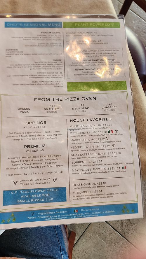 Menu at Bona Italian in Wilton Manors