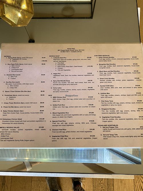Vegan options listed and others can be made vegan  at Rock Pho in South Yarra