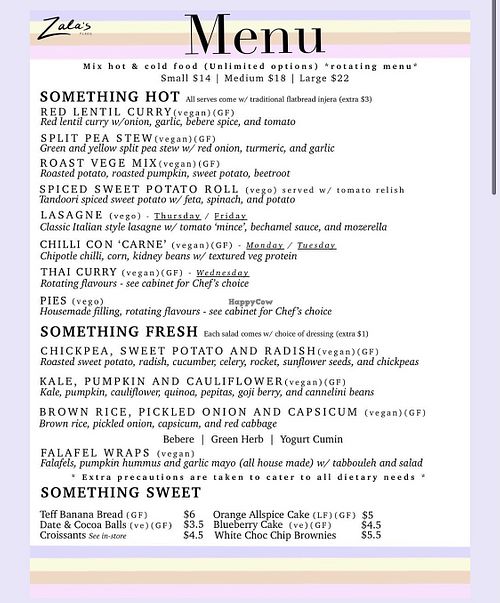 Menu  at ZALA'S PLACE in Currumbin Waters