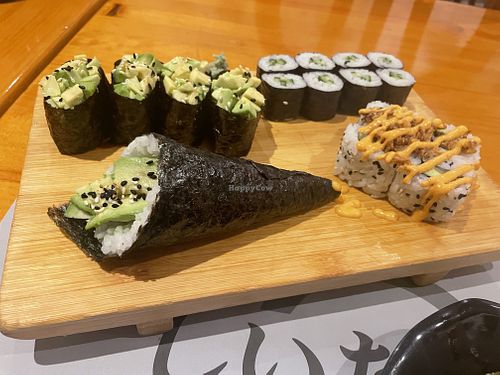 Avocado Temaki, cucumber maki, avocado sushi and another one with a sauce that doesn’t look vegan  at Sitake Ya in Barcelona