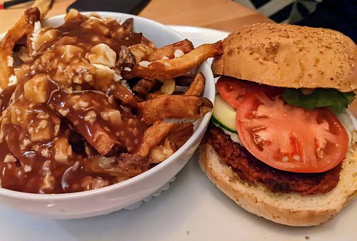 Le Verguez with vegan poutine at Chez Victor - St Jean in Quebec