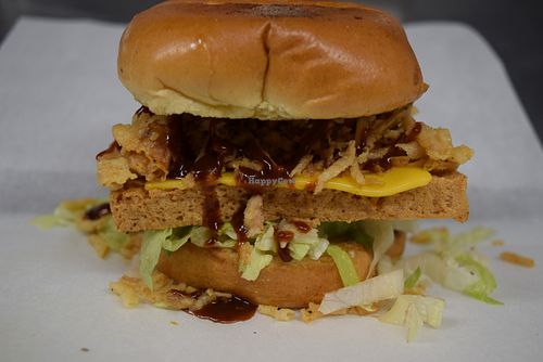 Westside burger w. crispy fried tofu and Daiya Am. cheese at It's Food in Fort Worth