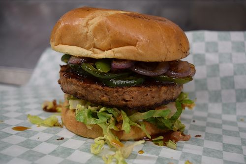 A custom Build-a-Burger w. Beyond Meat patty at It's Food in Fort Worth