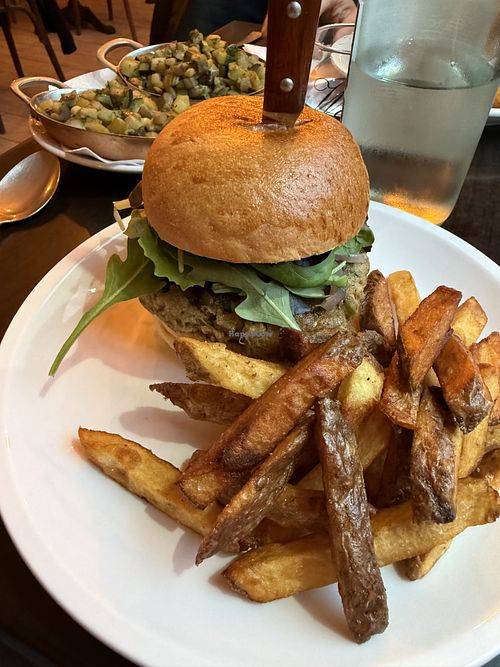 Vegan burger and fries with a side of seasonal vegetables    at La Falaise in Yport