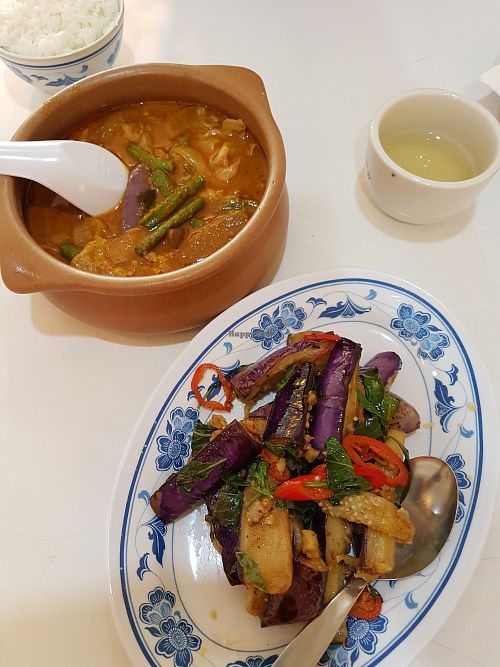 Curry veggies and "Three Cups Brinjal" (Brinjal cooked with soy sauce and basil). All were good. at Mei Lin Vegetarian in Malacca
