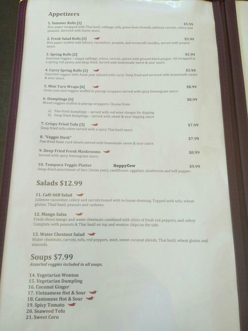 Menu at Cafe 668 Vegetarian Restaurant in Toronto