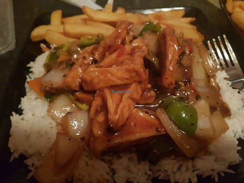 Tofu black bean sauce, rice and chips at Full Circle in South Shields