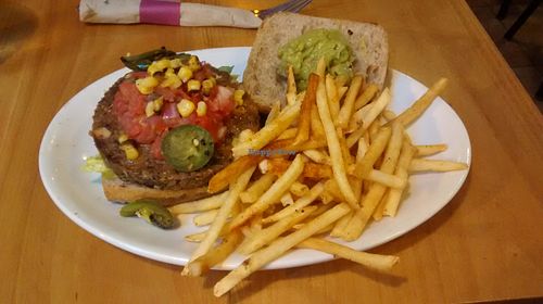 Mexican burger with fries at Native Foods - The Loop in Chicago
