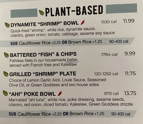 Plant-based menu  at California Fish Grill in Palmdale