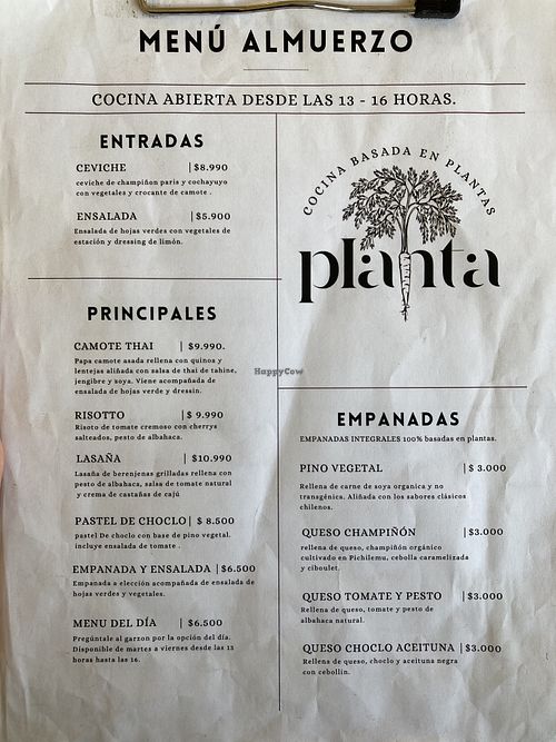 Menu  at Planta in Pichilemu