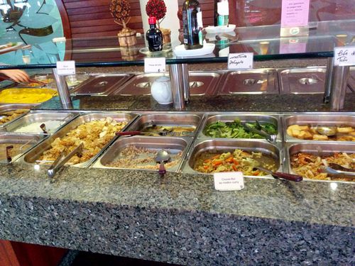 Hot food buffet. There's another cold food counter, as well as freshly-made hot food and desserts. at Lotus Vegetariano in Sao Paulo