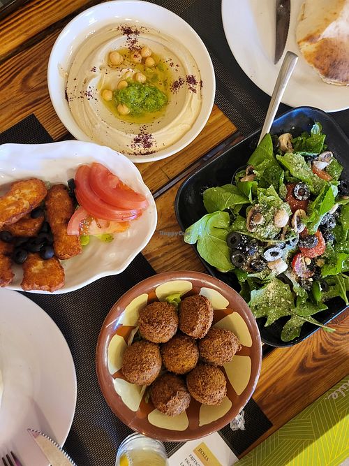 Rocca Salad, hummus, falafel, warm pita at Ayola in Madaba