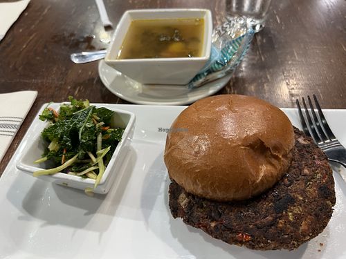 Black bean burger and vegan soup  at Black Fork Bistro in Loudonville