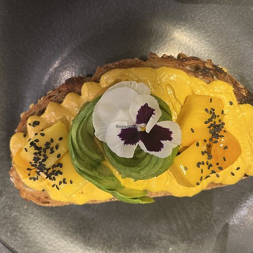 Delicious Mango Tango Toast with curry hummus & mango with an avocado rose 13,50  at The Avocado Show in Leidschendam