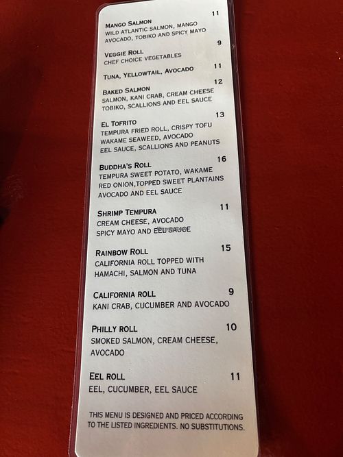 Sushi menu at Tin Box in Vieques